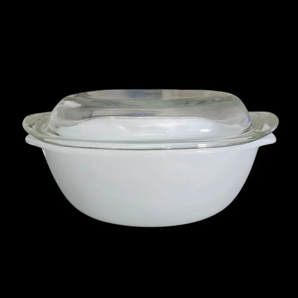 Vintage Pry-O-Rey White Milk Glass Covered Casserole Dish Brown Floral